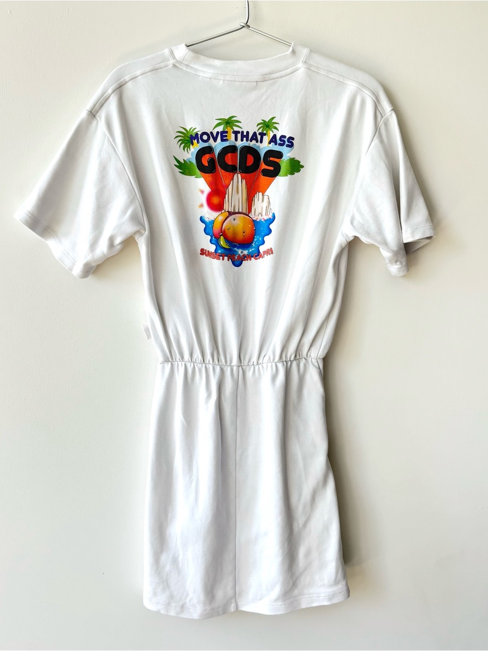 GCDS Ruched Cotton White T-shirt Mini Dress with Y2K Style Back Graphic - Size S